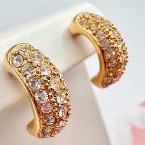 Vintage Roman Pave Crystal Half Hoop Huggie Earring Gold Tone Chic Wedding Icy